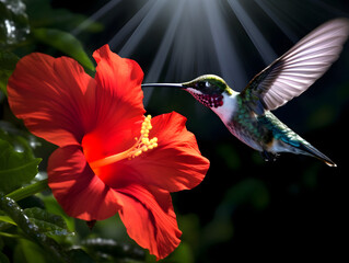 a hummingbird flying near a flower, in the air with its wings spread out and its wings spread wide open, with a blurry background of red flowers in the foreground. generative ai