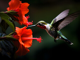 a hummingbird flying near a flower, in the air with its wings spread out and its wings spread wide open, with a blurry background of red flowers in the foreground. generative ai