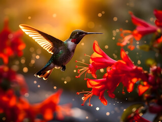 a hummingbird flying near a flower, in the air with its wings spread out and its wings spread wide open, with a blurry background of red flowers in the foreground. generative ai
