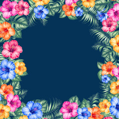 Watercolor hibiscus frames. Tropical floral illustration