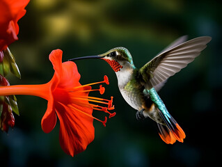 a hummingbird flying near a flower, in the air with its wings spread out and its wings spread wide open, with a blurry background of red flowers in the foreground. generative ai