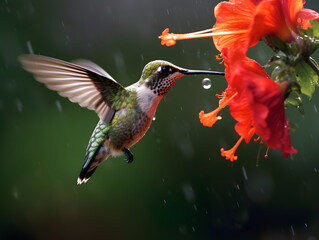 a humming bird flying near a flower