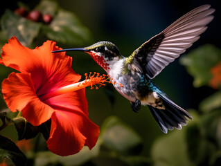 Naklejka premium a hummingbird flying near a flower, in the air with its wings spread out and its wings spread wide open, with a blurry background of red flowers in the foreground. generative ai