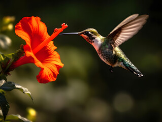 a hummingbird flying near a flower, in the air with its wings spread out and its wings spread wide open, with a blurry background of red flowers in the foreground. generative ai