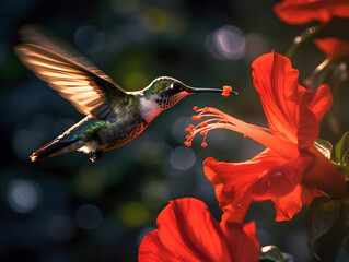 a hummingbird flying near a flower, in the air with its wings spread out and its wings spread wide open, with a blurry background of red flowers in the foreground. generative ai