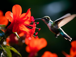 a hummingbird flying near a flower, in the air with its wings spread out and its wings spread wide open, with a blurry background of red flowers in the foreground. generative ai
