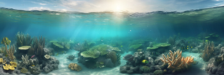 Fototapeta na wymiar panorama of the ocean and under water, sea, digital illustration, Generative AI