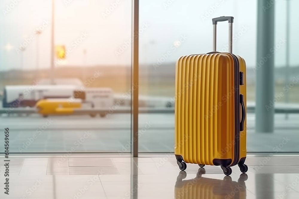 Poster a yellow suitcase sitting in front of a window. generative ai.
