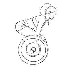 Woman Weight Lifter side view outline vector illustration. Strength Training, Body Building Concept. Female athlete doing back squats, deadlifts, and barbell overhead press.