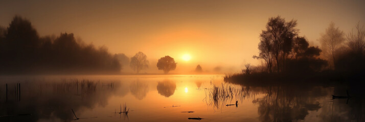 Obraz premium Foggy Lake at Sunset, Generative AI