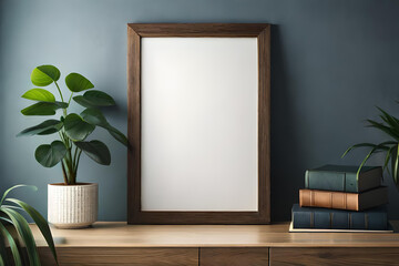 Fototapeta premium Wooden sign mock-up for portrait artwork, simple luxury style vertical empty photo frame, dark wood frame mockup,bohemian interior, books, plant on concrete shelf