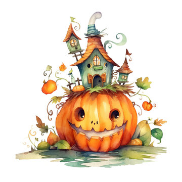 A watercolor painting of a pumpkin with a house on top. Generative AI.
