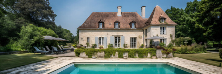 Luxury traditional French mansion with pool and garden, Generative AI - obrazy, fototapety, plakaty