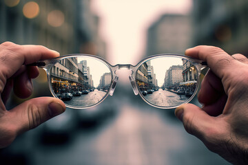 A pair of hands holding up a pair of glasses. Generative AI.