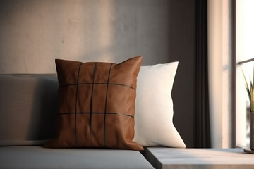 A brown pillow sitting on top of a couch next to a window. Generative AI. Blank pillow mockup.