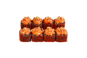 baked roll with salmon black rice and red masago on white background for restaurant menu