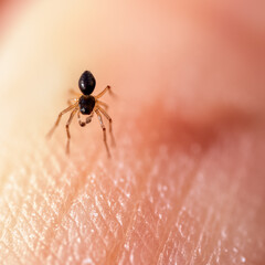 Close up of a tiny spider on a person's hand.