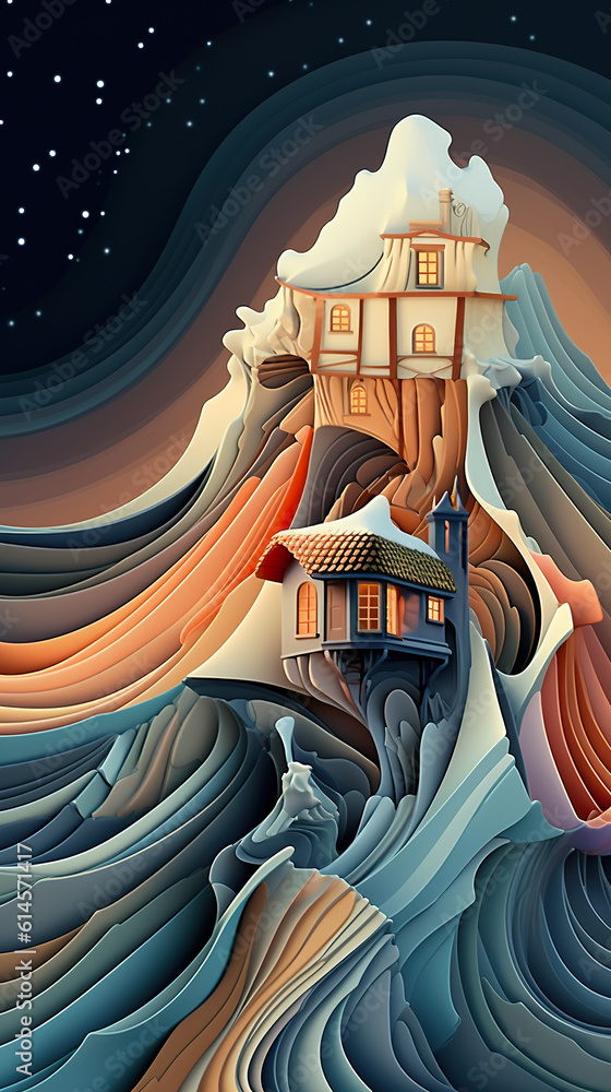 Poster a house on top of a wave in the ocean. generative ai. abstract wavy patterns in blue and orange.