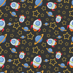 Naklejka premium Childish seamless pattern with spaceship and stars. Hand-drawn spatial elements seamless background. Cosmic background. Space doodle illustration. illustration. Seamless background with cartoon space