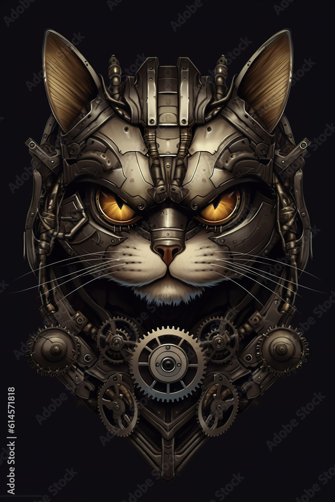 Poster a close up of a cat's face with gears. generative ai.