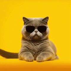 An adorable cat donning sunglasses stands out against a bold yellow backdrop. This eye-catching image, generated by AI, 