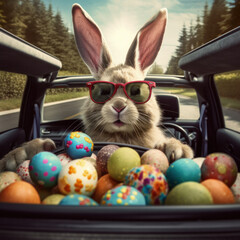 Fototapeta na wymiar A cute Easter Bunny wearing sunglasses, peering out of a car filled with colorful Easter eggs. Created using generative AI, this image is a playful representation of the holiday.