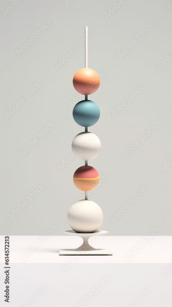 Poster a stack of colorful balls sitting on top of a white table. generative ai.
