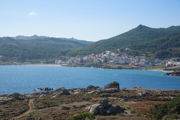 Fototapeta na wymiar Camelle town view from the beach, Galicia, Spain