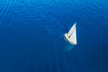 Drone view of a sailing yacht. Luxury transportation. Vacationing people. Vacation and holidays. Summer time for sea travel. The sea bay. Photo for background and wallpaper. Mediterranean Sea.