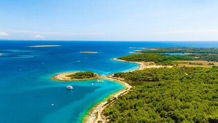 Fototapeta na wymiar View from the air on the sea and coast. Sea relaxation and travel. The forest near the sea. Azure water on the sea. A bright sunny day during a summer vacation.