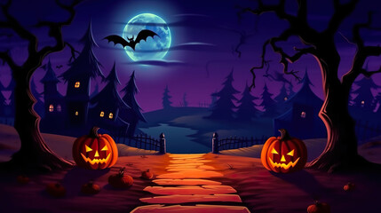 Fototapeta premium A halloween scene with pumpkins and bats. Generative AI.