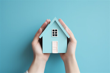 Fototapeta na wymiar close up of hands holding little house on blue background. AI generated content