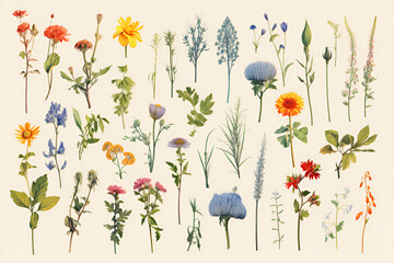 Wild flowers collection. herbs, herbaceous flowering plants, blooming flowers, isolated on light background. Detailed botanical illustration.