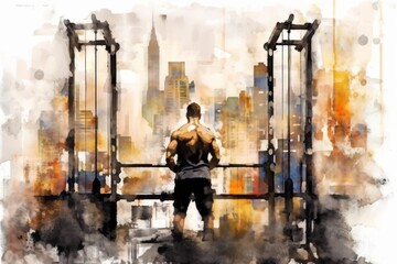Painting of a man in gym, standing in front of a big city. Generative AI