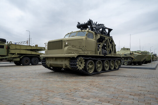 Russian military equipment against a gloomy sky