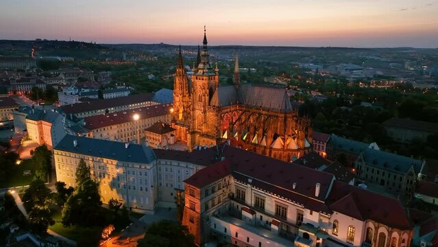 Aerial view of Prague Old Town with St. Vitus Cathedral and Prague castle complex