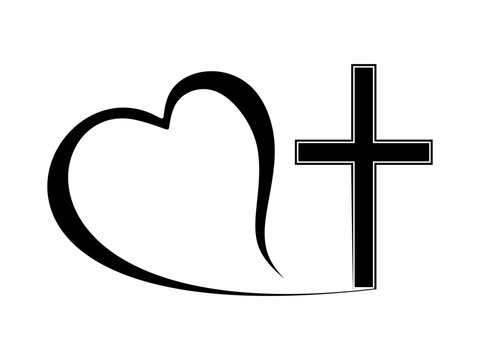 Christian cross and heart vector. Template logo for churches and Christian organizations. Religious calligraphy sign or symbol with cross and heart. black and white Minimal vector illustration