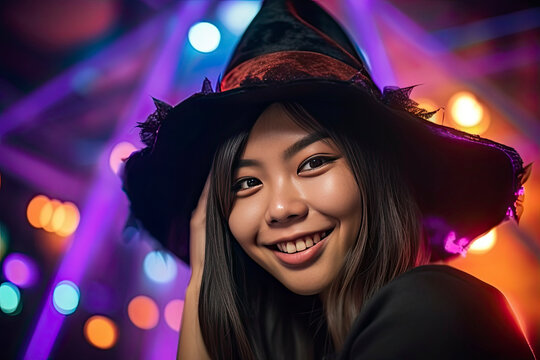 Young dark skinned young woman in a black witch hat smiling with spooky Halloween lights behind created with Generative AI technology