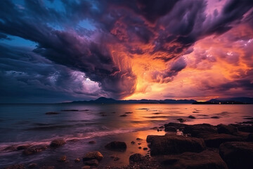 Fototapeta na wymiar Beautiful cloudy sunset over the sea shore at night. Generative AI.