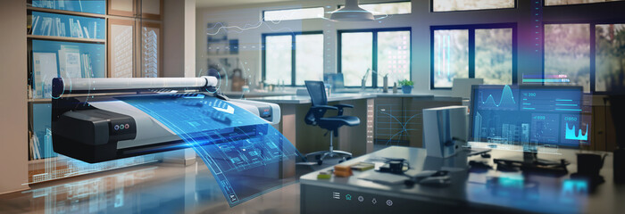 professional large format plotter at an engineering office printing design blueprints as wide banner with copy space area - generative AI