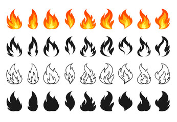 Cartoon campfire icon set in flat, black silhouette, line style. Red hot flame isolated on white. Bright fiery heat flames wildfire and bonfire, burn power. Various shape blazing fire emoticon
