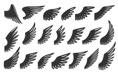 Wings with long feather. Heraldic vintage army insignia emblem falcon phoenix hawk. Angel or bird wing flat black icon set. Aviation pilot patch badge. Flying winged frame. Biker logo stencil stamp