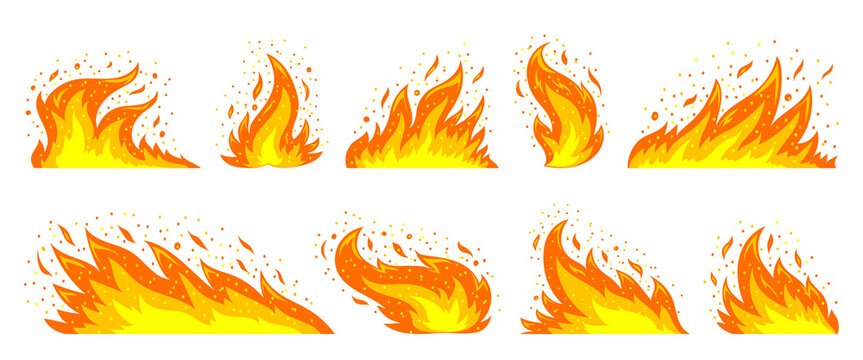 Fire flames with sparks big set. Bright fireball, red heat wildfire, fiery bonfire, blaze campfire, ignition flat cartoon elements on white background. Orange flaming symbols. Energy power of fires