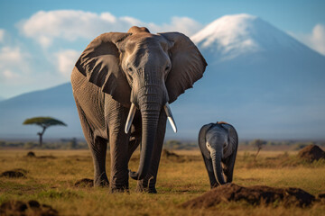 Fototapeta na wymiar African elephant with young with the backdrop of Mount Kilimanjaro