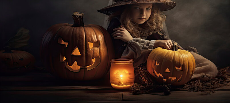 Young girl dressed as a witch with lighted jack-o-lanterns and candle created with Generative AI technology