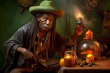 Halloween witch doctor with lighted jack-o-lantern and copy space created with Generative AI technology
