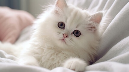 Fototapeta premium A cute little fluffy white kitten lying on a blanket