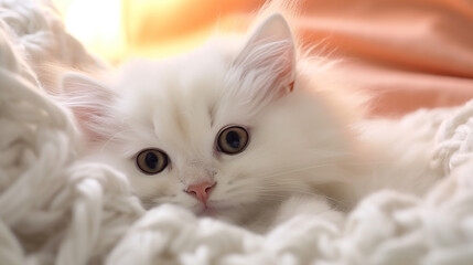 A cute little fluffy white kitten lying on a blanket