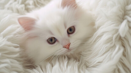 Fototapeta premium A cute little fluffy white kitten lying on a blanket