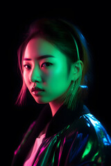 Portrait of beautiful Asian woman in a fashionable cloth around colourful bright neon uv lights. Generative AI.